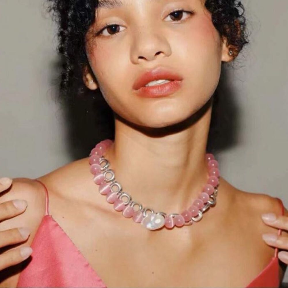 Summer pink cat eye pearl necklace #1240